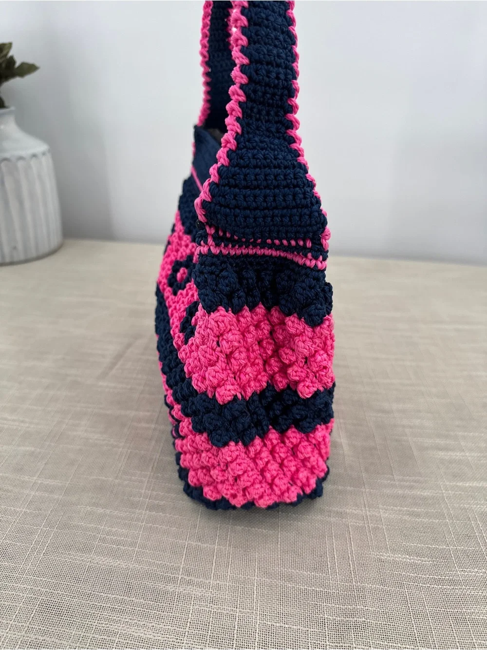 Vintage Knitility Crochet Shoulder Bag Hot Pink Navy Structured Purse